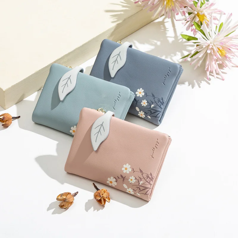 

New Wallet for Women 2023 PU Small Fresh Zipper 2 Fold Coin Purses Leaf Buckle High-capacity Card & ID Holders