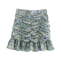 women chic fashion with ruffled pleated printed mini skirts vintage high waist back zipper female skirts mujer