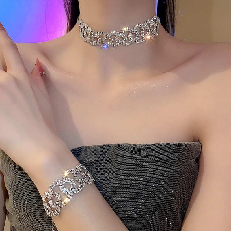 

DREJEW Inlaid Full Rhinestone Crystal Choker Necklaces for Women Jewelry European and American Necklace Bracelet Drop Earrings
