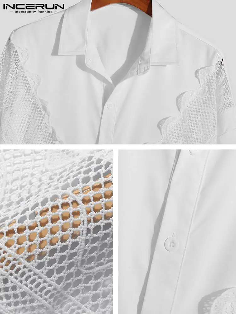 Casual New Men's Tops Solid Lace Stitching Front Hollow Blouse Stylish Well Fitting Male Long-sleeved Lapel Shirts S-5XL INCERUN