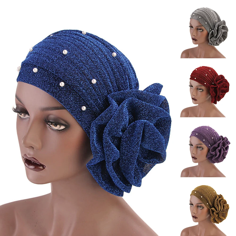 

Elegant Shiny Turban Cap Women Muslim Hijab Islamic Chemo Cap Big Flower Head Scarf Ladies Head Wrap Cover Hijab Scarf Summer