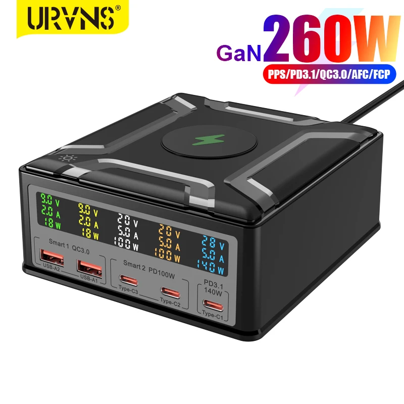 Зарядная Станция URVNS 260 Вт PD3.1 USB C, ЖК-дисплей, 5 портов, PD 140 Вт 100 Вт PPS 45 Вт, сверхбыстрое зарядное устройство для MacBook Pro, iPhone, Samsung