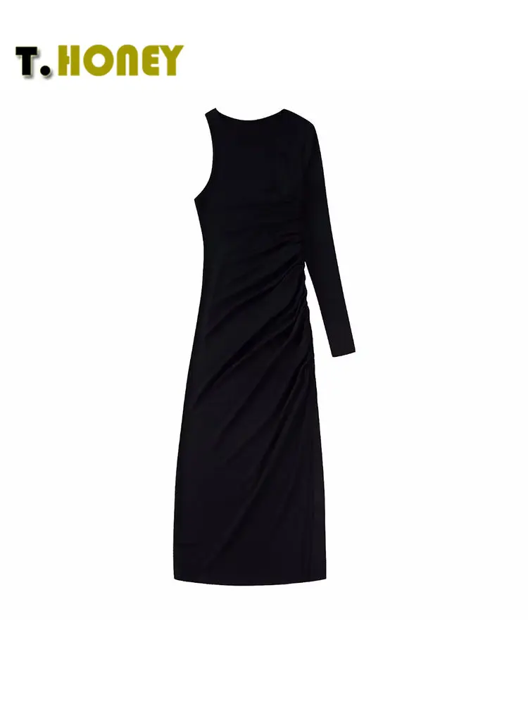 

TELLHONEY женское модное однотонное Плиссированное асимметричное платье средней длины с воротником, женские вечерние облегающие длинные плать...