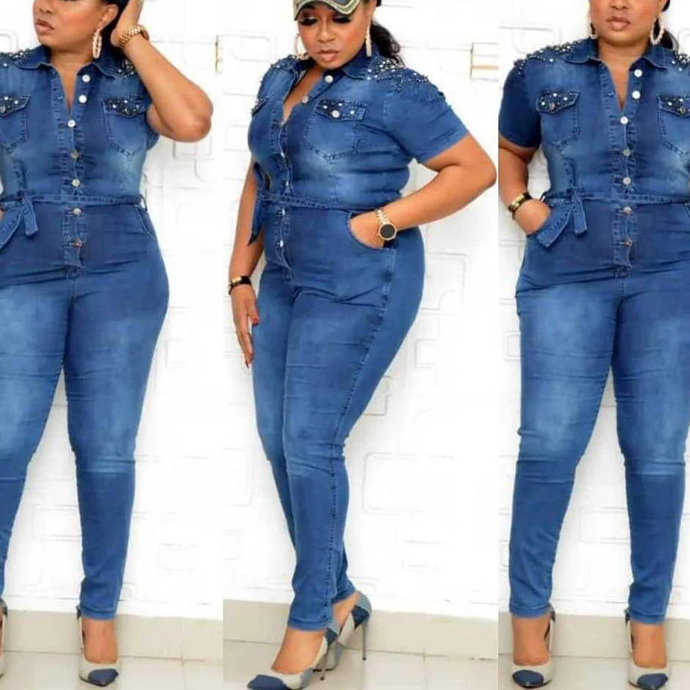 Elegant Jeans Jumpsuits & Rompers for Women Short Sleeve Turn Down Collar Diamond High Waisted Fashion African Denim Overalls
