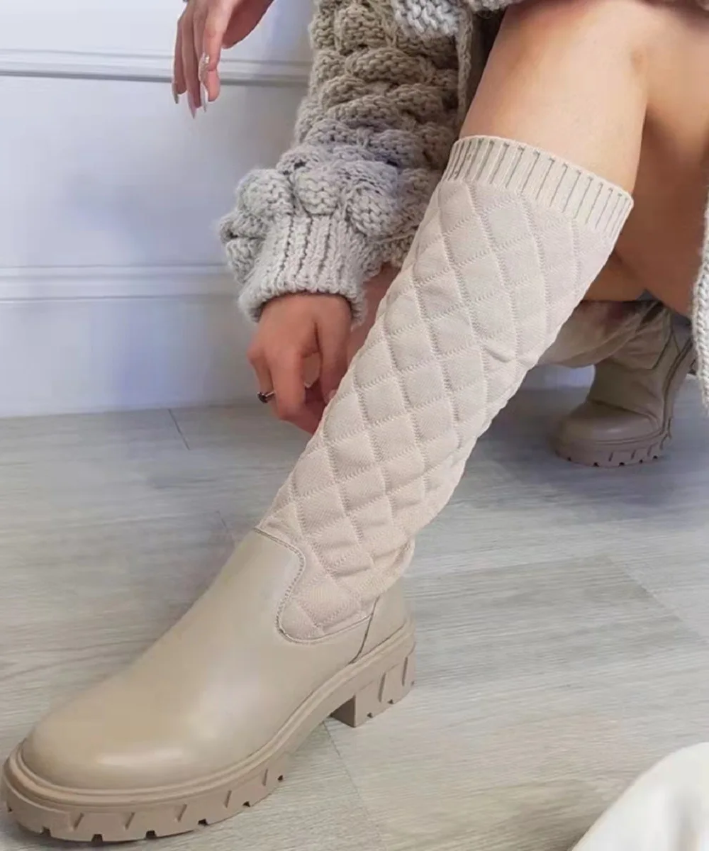 

Large Size Medium Boots Women's 2022 Autumn and Winter New Large Size Medium Heel Round Toe Flying Woven Women's Shoes
