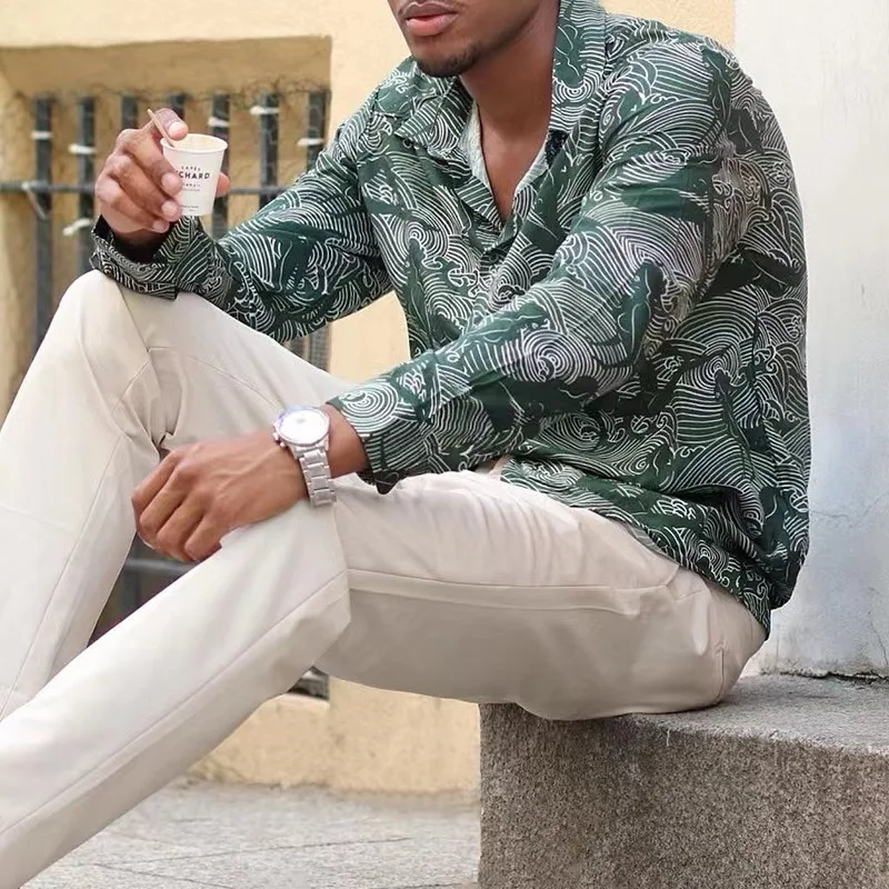 Autumn Shirt Top Men's Fashion Printed Loose Turn-down Collar Shirt Men's Casual Long Sleeve Single Breasted Cardigan Shirt