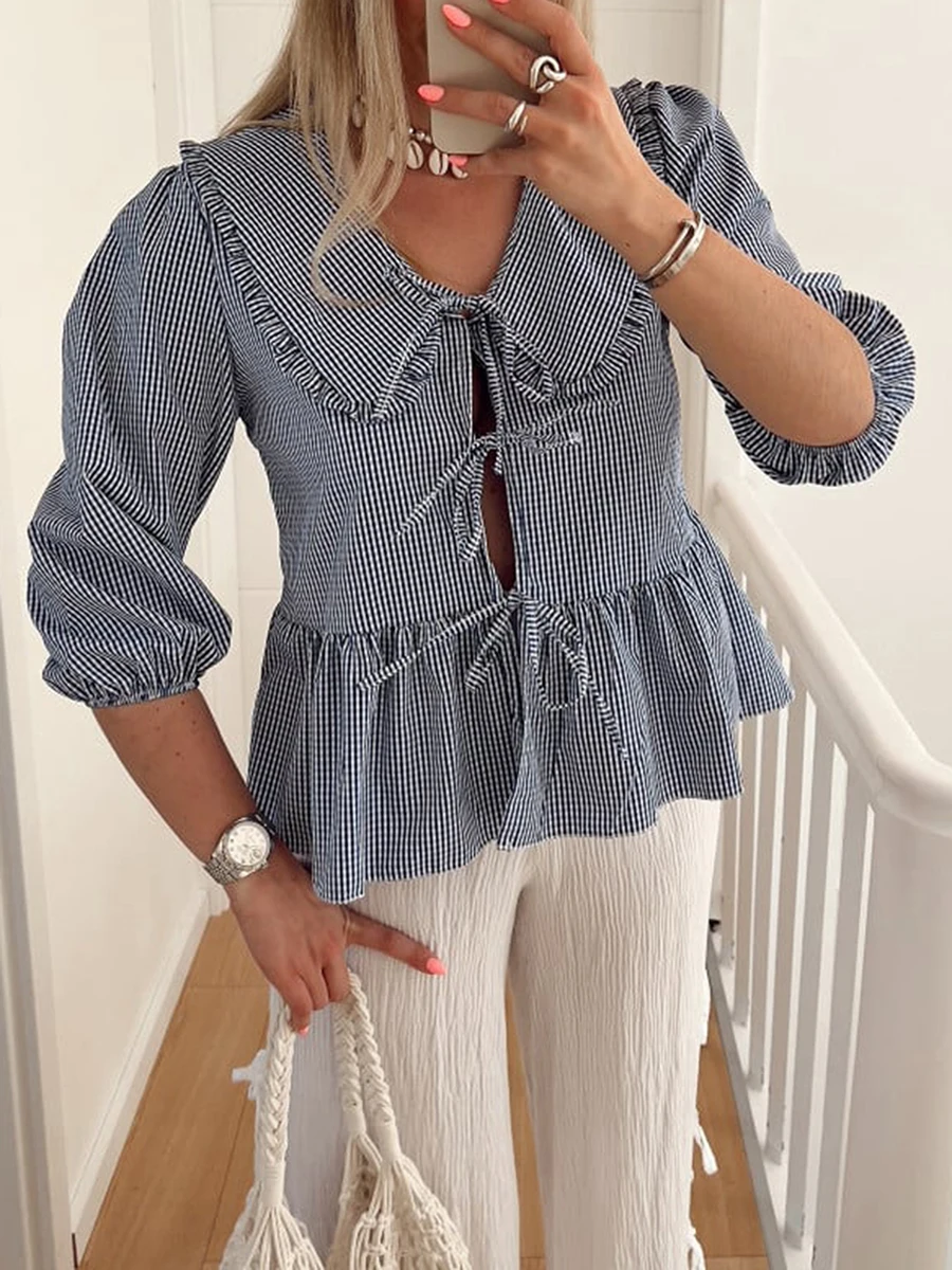 Новая модная женская блузка элегантные клетчатые Топы с коротким рукавом и