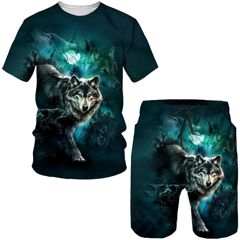 Funny Wolf Pattern T Shirt For Men Casual Shorts 2 Piece Outfit Summer Outdoor Sports Sets Fashion Trend Short Sleeve Clothing