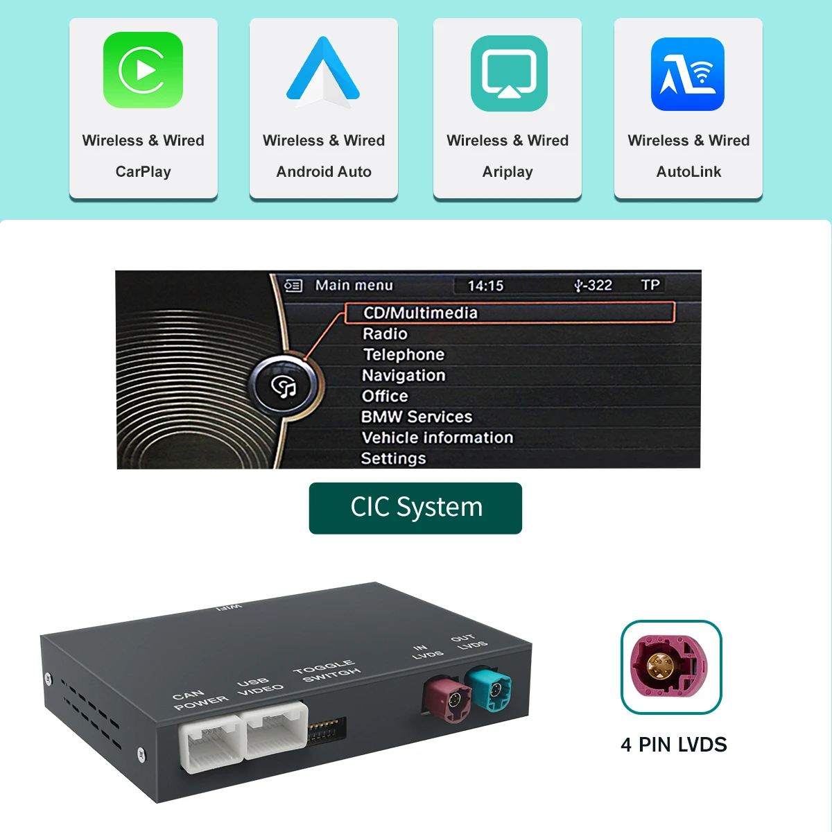 

Новый беспроводной декодер CarPlay и Android Auto Mirror Link для BMW NBT CIC System X3 F25 G01 AirPlay Car Play
