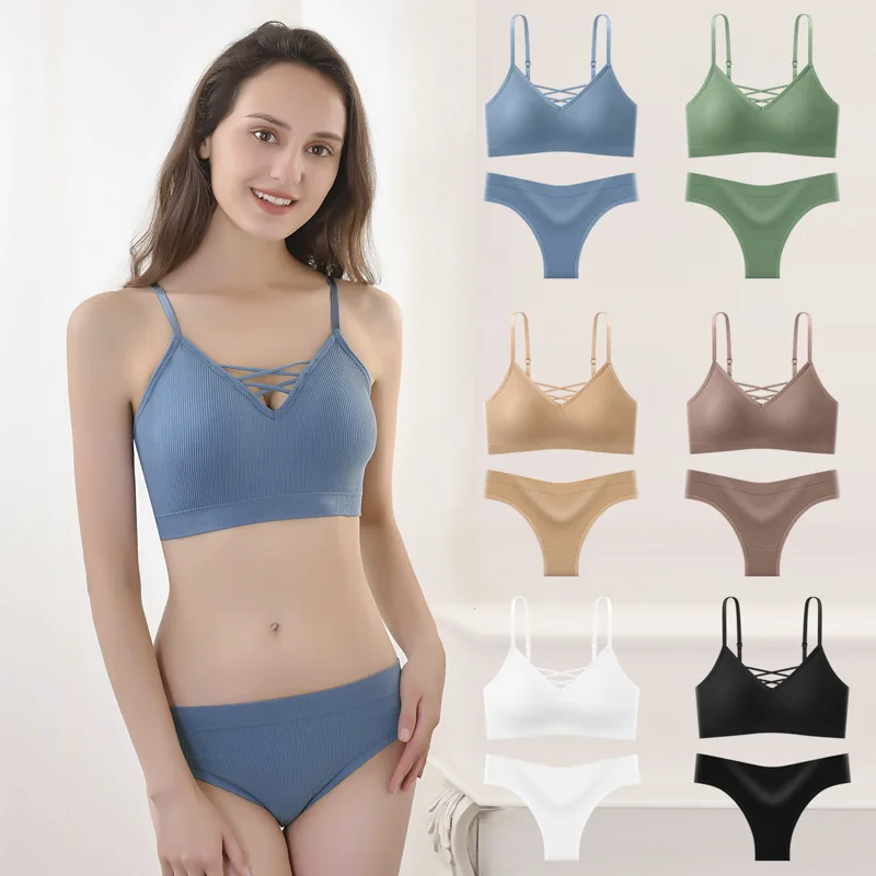 

Women's Sexy Beautiful Back Underwear Set Solid Color Knitting Ribbed Tank Top Push Up Seamless Wireless Bra Set 2022 New