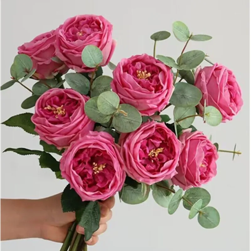 15PCS Classic Rose Arrangment Eucalyptus Peony Latex Coating Petal Purple Artificial Flower Bouquet Wedding Decor Event - INDIGO