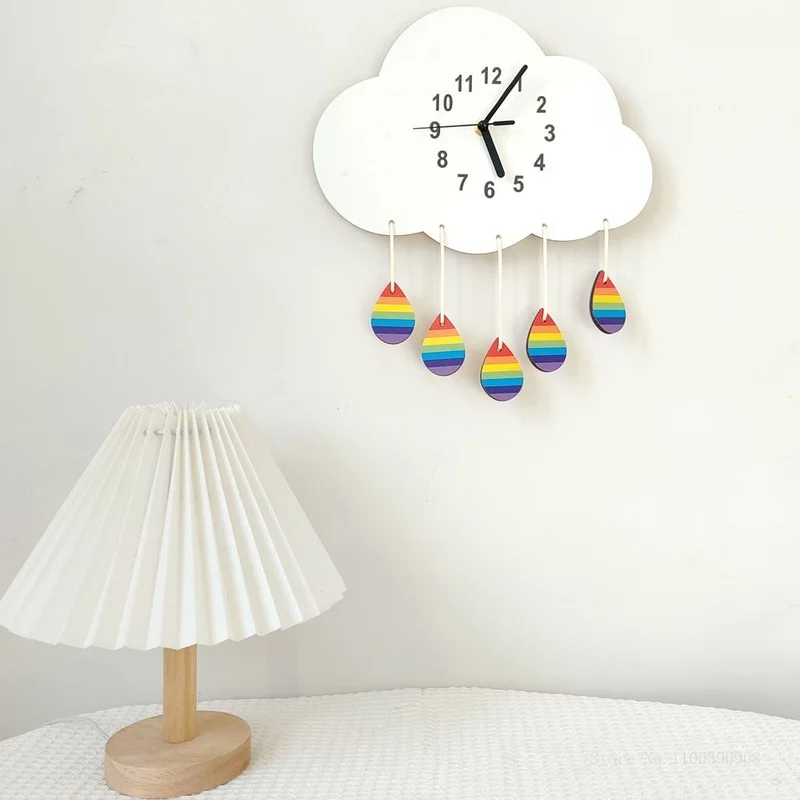 

Ins Cloud Wall Clock Rainbow Raindrops Childrens Room Decoration Mute Wooden Wall Clocks Living Room Bedroom Hanging Watch Decor