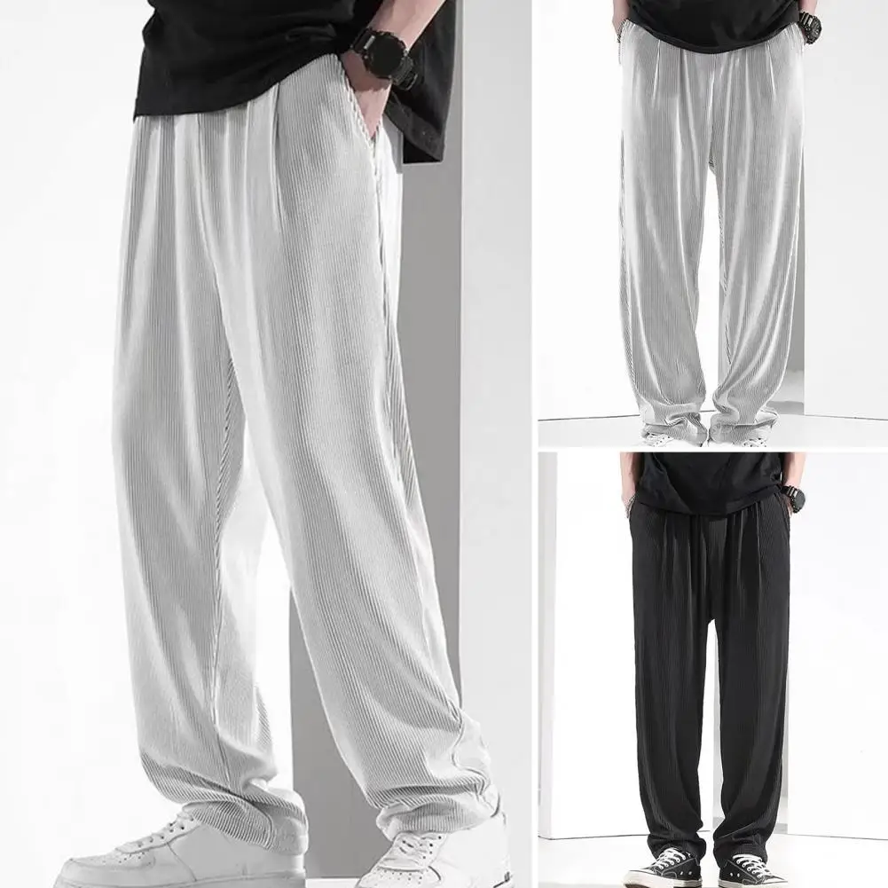 

Drape Men Pants Solid Color Wide Leg Summer Ultra-thin Drawstring Sports Pants Streetwear