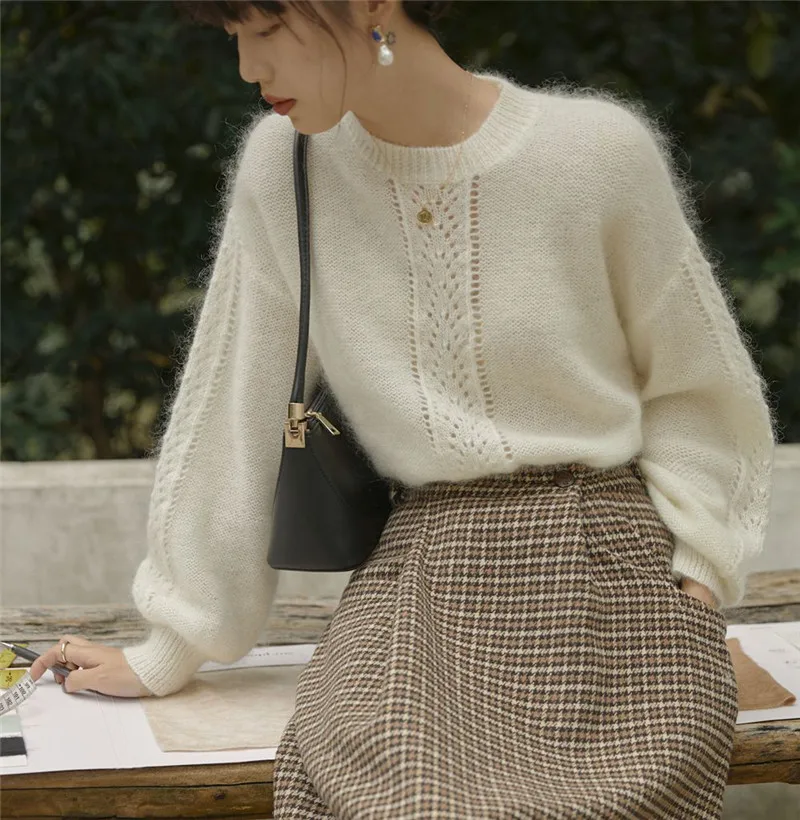 

French White Sweater Mohair Women Long Sleeve Hollow Out Thin Knitted Pullovers Long Sleeve Spring Autumn Clothes Knitwear I465