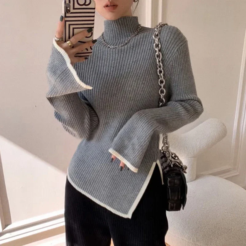 Водолазка трикотаж пуловеры женская осенне-зимняя одежда разделенная туника