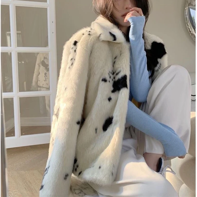 Winter Cow Pattern Faux Mink Fur Coats Women Long Sleeve Turn-down Collar Thick Coat Korean Fashion Warm Fur Cropped Jacket New