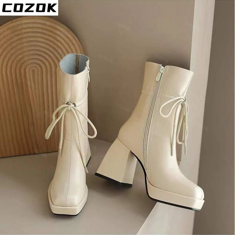 Women Shoes Ankle Boots Shallow Zip Boots Chunky Pumps High Heels Boots Women Dress 2022 Bow Fashion Designer Goth Ladies Shoes