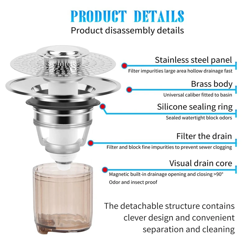 Athroom Sink Stopper And Drain Strainer 2 In 1 Catches Hair Debris Suitable For 1.34-1.46Inch Drainage Holes Durable