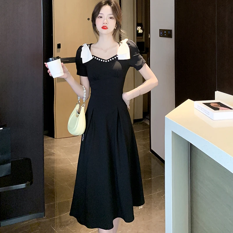 2024 Черное шикарное сексуальное платье миди Y2k с бантом весна-лето элегантное