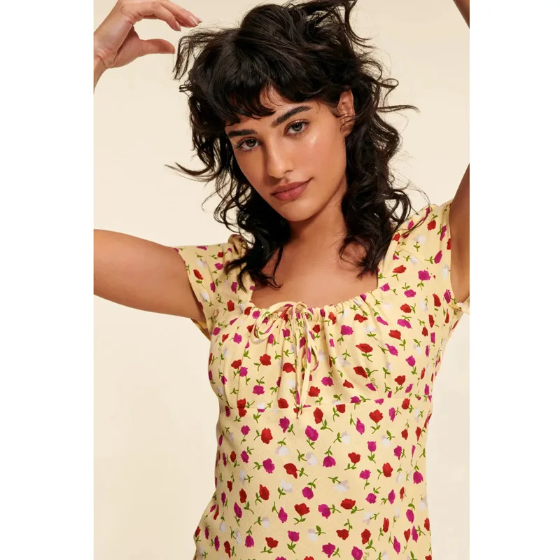 

643 Spring and Summer New Square Neck Printed Vintage Short-sleeved Mid-length Diagonal Cut Dress French Vintage