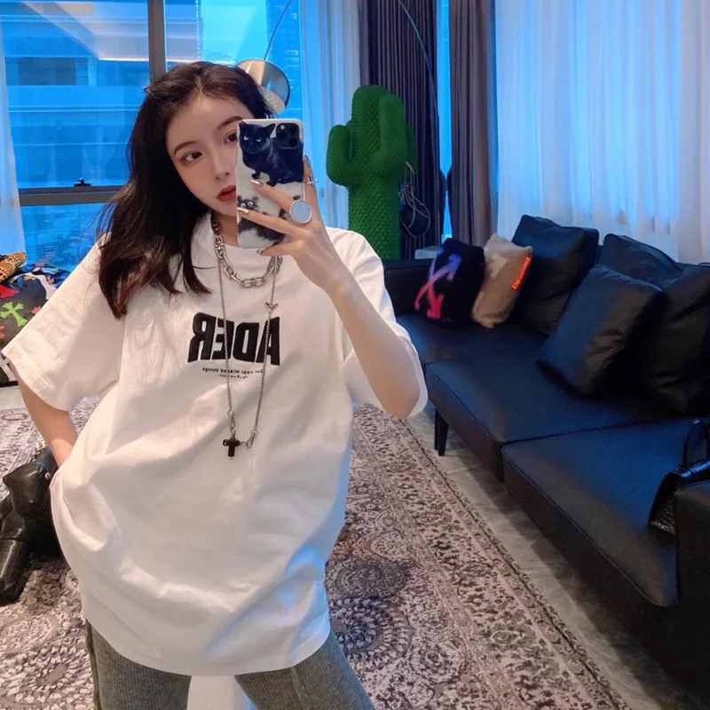 

Aader 2022 Summer New White Short-sleeved T-shirt Women's Round Neck Loose Large Version Hong Kong Style Medium and Long Casual