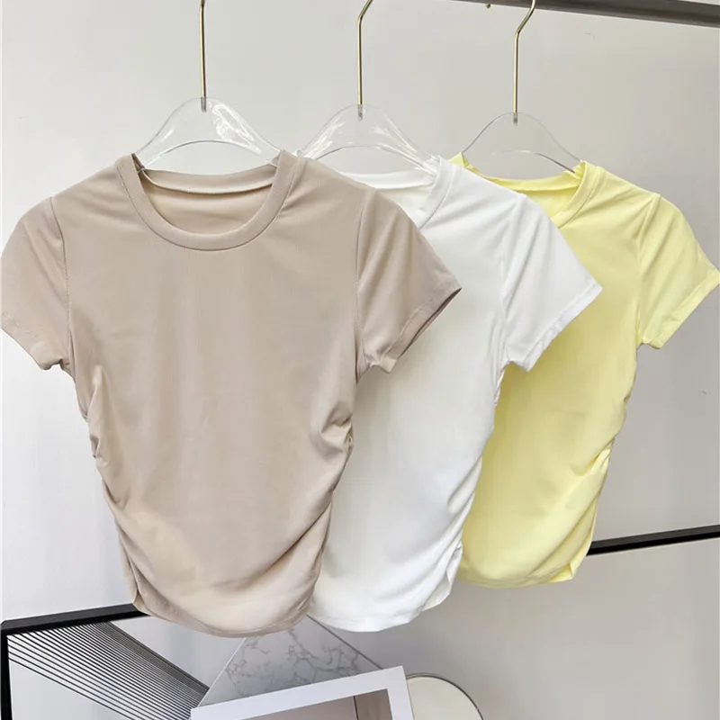 Side Pleated  Yoga Sport T Shirts Women Casual Ribbed Athletic Workout Short Sleeved Top Outfits