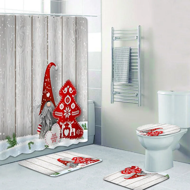 

Scandinavian Wood Grain Christmas Gnome Bathroom Shower Curtain Set Cute Christmas Decoration for Bathroom Xmas Bath Mats Rugs