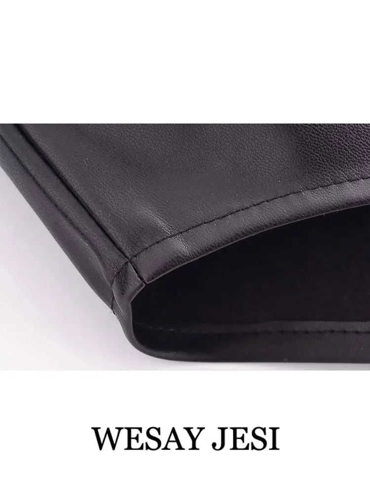 WESAY JESI Womens Fashion Faux Leather Shirt Jacket Single Breasted Lace Trim Long Sleeve Lapel Pu Jacket Coat Female Streetwear