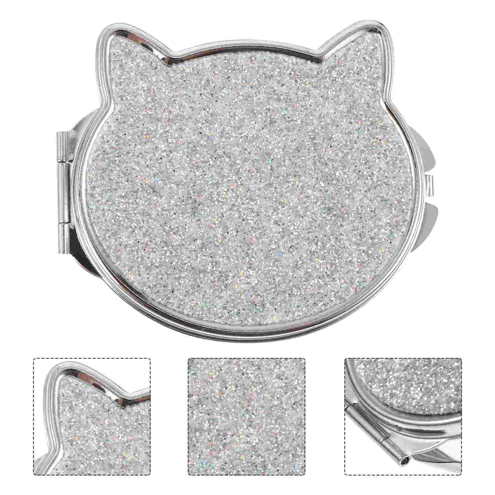 

Mirror Makeup Pocket Compact Folding Travel Metal Women Round Hand Purse Cat Portable Silver Mini Handbag Shape Vanity Foldable