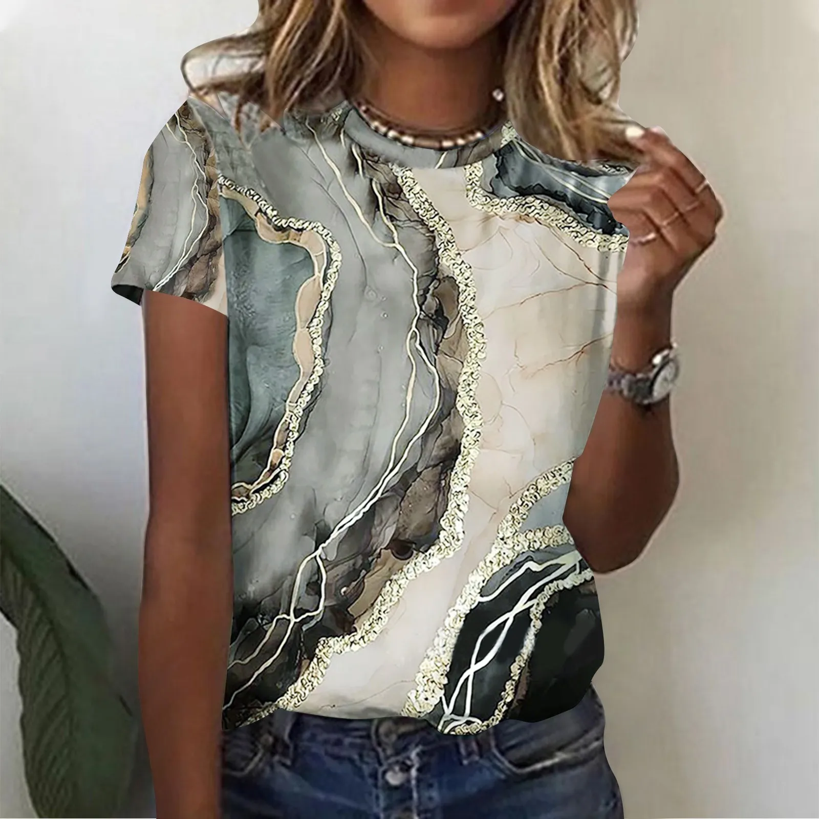 

Женская свободная рубашка с круглым вырезом и коротким рукавом