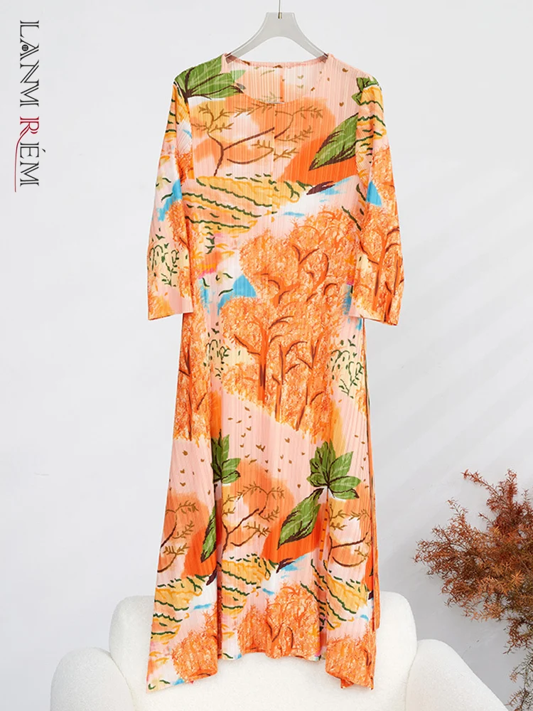 

LANMREM Retro Printing Pleated Dress For Women Round Neck Long Sleeves Split Belt Dresses A-line Clothing 2023 New 32D408