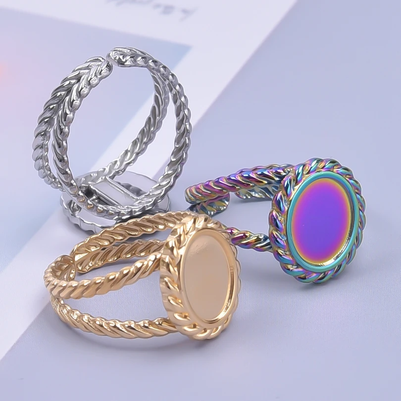 

Twist Round Base Charm Ring Adjustable Stainless Steel Rings For Women Men Accessories Jewelry Fit DIY Rhinestone Cat's Eye Gift