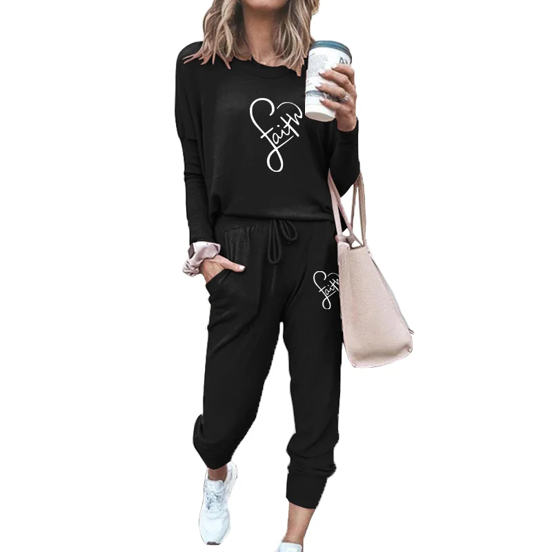 

Fashion Women O Neck Hoodies Suits Spring Autumn Tops+Pants Casual Faith Tracksuit Long Sleeved Pullover Jogger 2 Pcs Set
