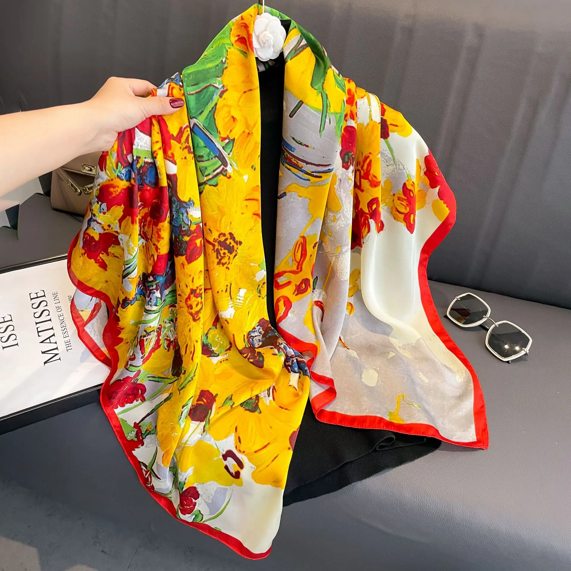 

silk spring autumn women scarf luxury design printing ladies beach shawl scarf fashion smooth female headscarf 110x110cm