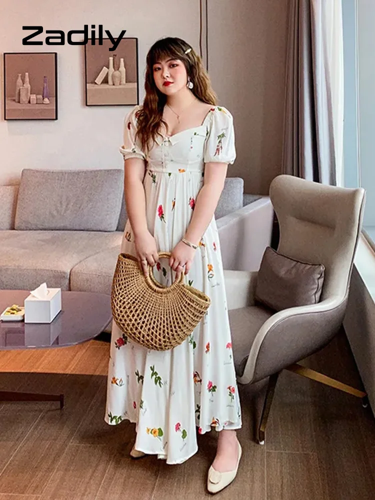 

Zadily 2022 Summer Plus Size Short Sleeve White Dress Women Chic Floral Print Maxi Dresses Casual Vacation Large size Clothes