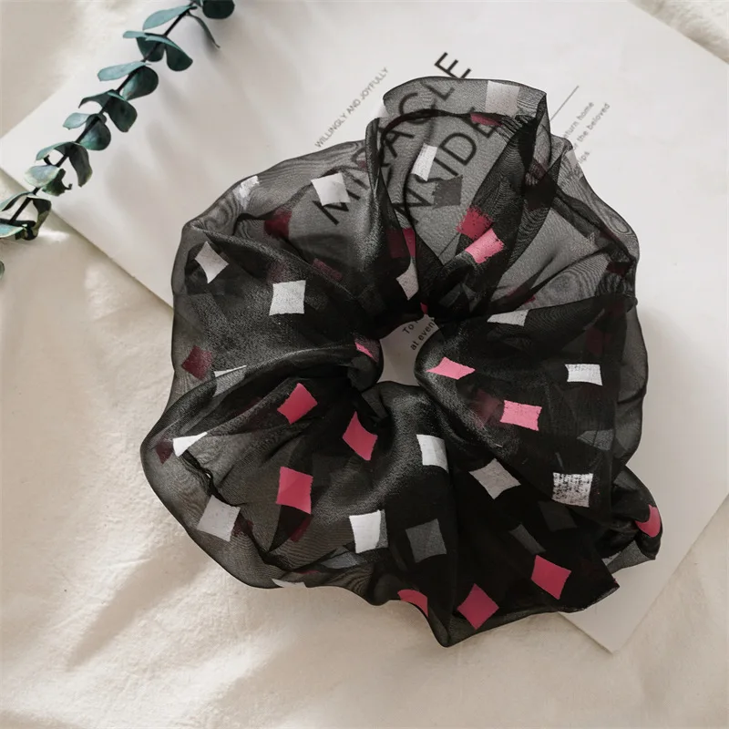 

New Organza Scrunchies Geometry Print Hair Ties Elastic Hair Band Women Girls Ponytail Holder Yarn Hair Ropes Hair Accessories