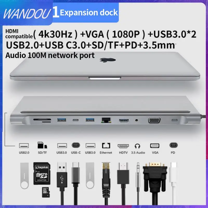 

Док-станция 11 в 1 для Macbook, хаб со штекером Type-c, Usb 3,0, многопортовый адаптер Rj45, Sd/tf, Vga, Pd, Type-c, хаб для быстрой зарядки