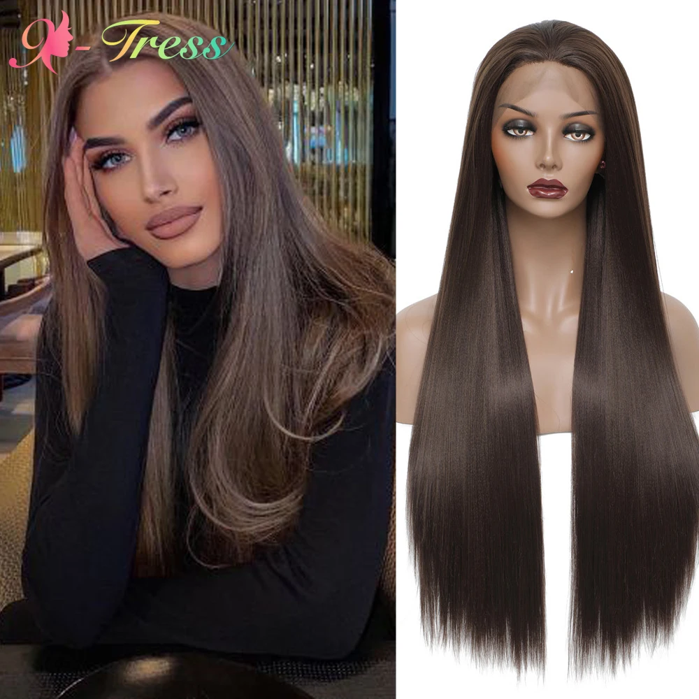 

X-TRESS Light Brown Synthetic Lace Front Wigs For Black Women Long Straight 13X3 Free Part Lace Wig 150% Density Heat Resistant