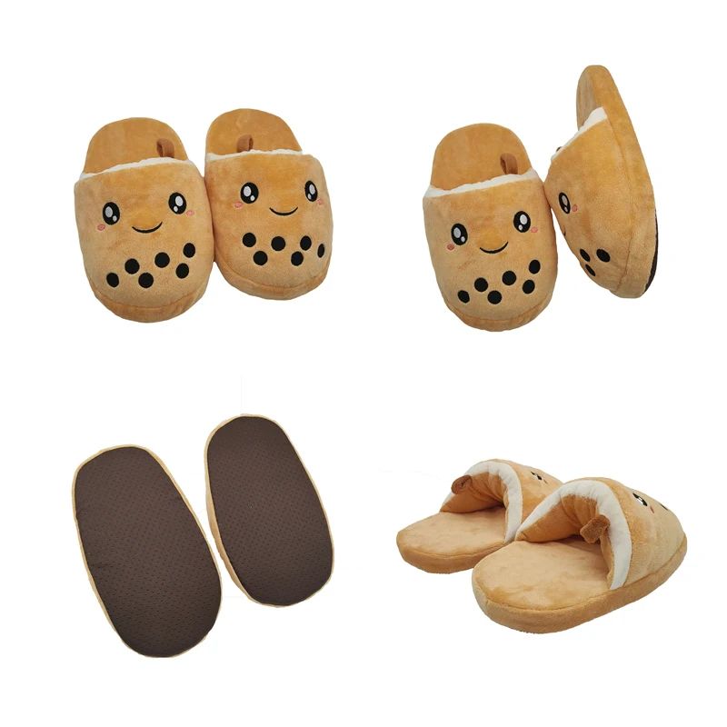 Cute Anime Kawaii Bubble Tea Fuzzy Slip-on Autumn Winter Indoor House Shoes One Size Adults Women Men