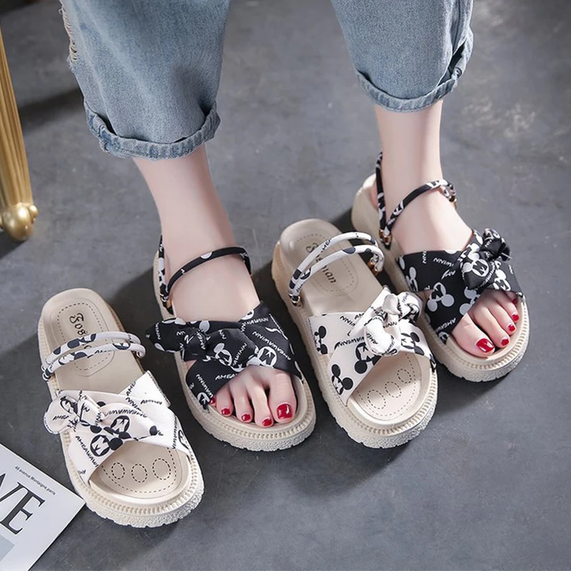 Women's Slippers 2022 Summer New Thick Bottom Bow Slippers Two Wear One Word Casual Outer Wear Flat Bottom Sandals Women