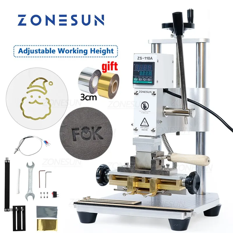 

ZONESUN ZS110A Leather Paper LOGO Hot Foil Stamping Bronzing Creasing Branding Printing Embossing Heat Punch Press Machine DIY