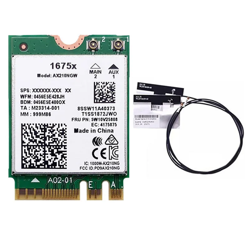 Для Intel 1675X WiFi-карты + антенны AX210NGW AX1675X Wi-Fi 6E 802.11AX 2 4G 5G 6G 5374 Мбит/с BT 5 M.2 NGFF WiFi-адаптер