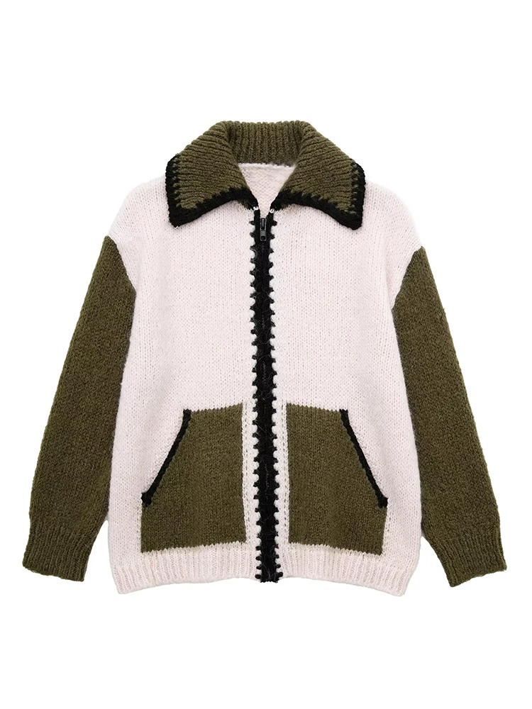 

Женский вязаный кардиган составного кроя с карманами и длинным рукавом