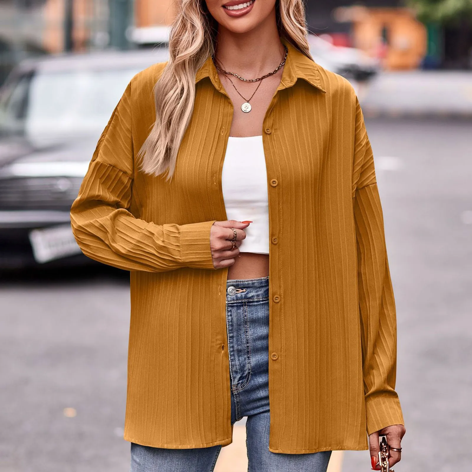 

Осенне-зимние рубашки для повседневной носки, двойная линия, жаккардовая свободная Однотонная рубашка с длинным рукавом, женские топы, винтажные элегантные универсальные