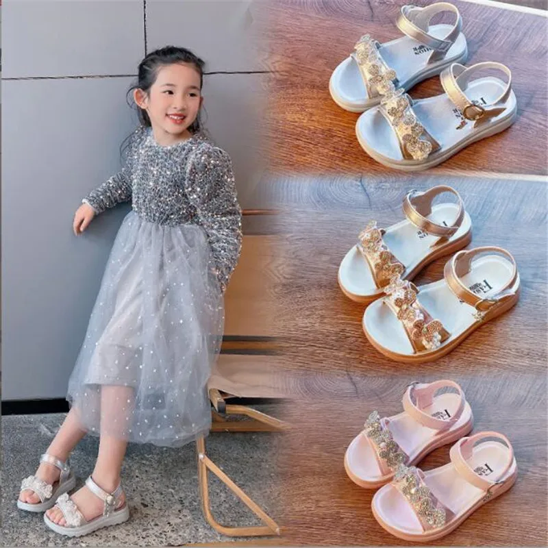

Children Sandals for Toddlers Big Girls Kids Beach Shoes Cute Sweet Princess Rhinestone with Butterfly Pearl Soft Fashion 22-38