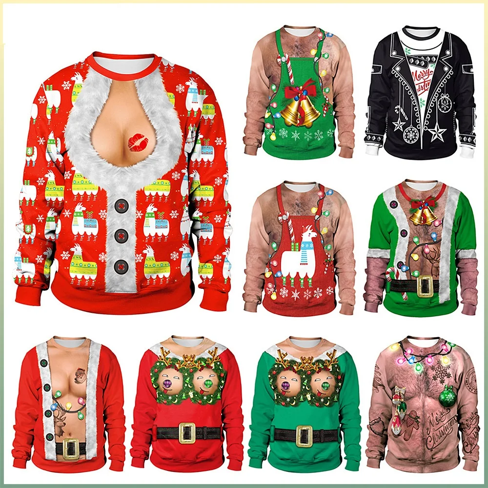 

XS-7XL Unisex 3D Print Funny Ugly Christmas Sweatshirts Round Neck Xmas Pullover Men Women Autumn Winter Plus Size Clothing MX10