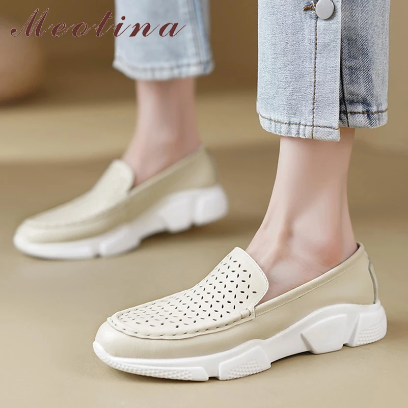 

Meotina Women Genuine Leather Loafers Round Toe Flat Hollow Shoes Fashion Ladies Casual Footwear Autumn Spring White Brown