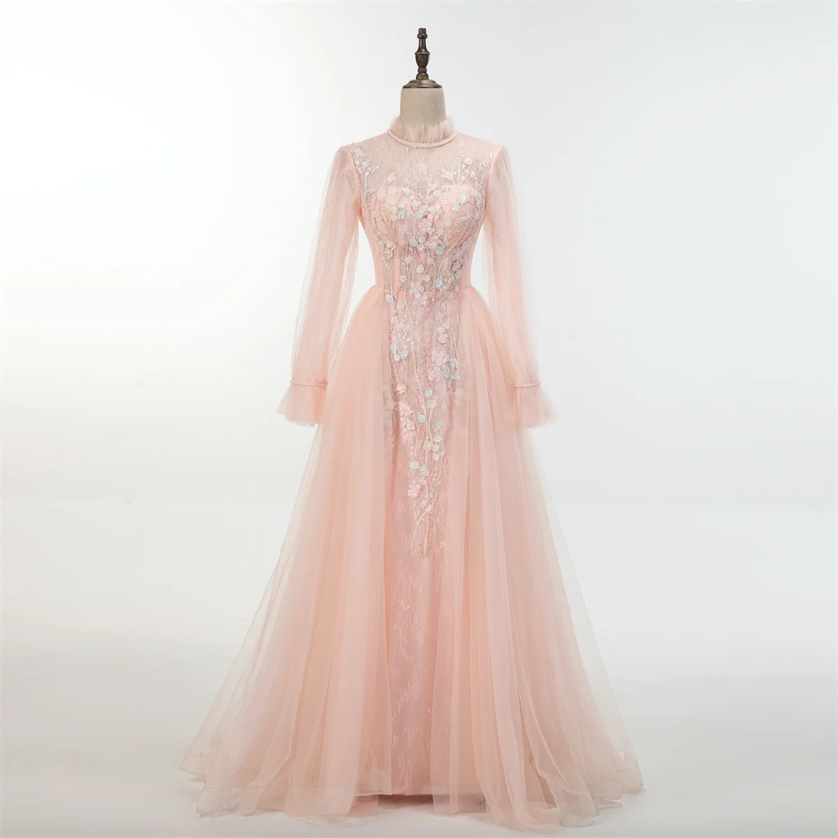 

Classic Wedding Dress High Neck Long Sleeves Lace Beaded 3d Appliqu Openwork Pink Open Back Custom Elegant Vestidos De Novia