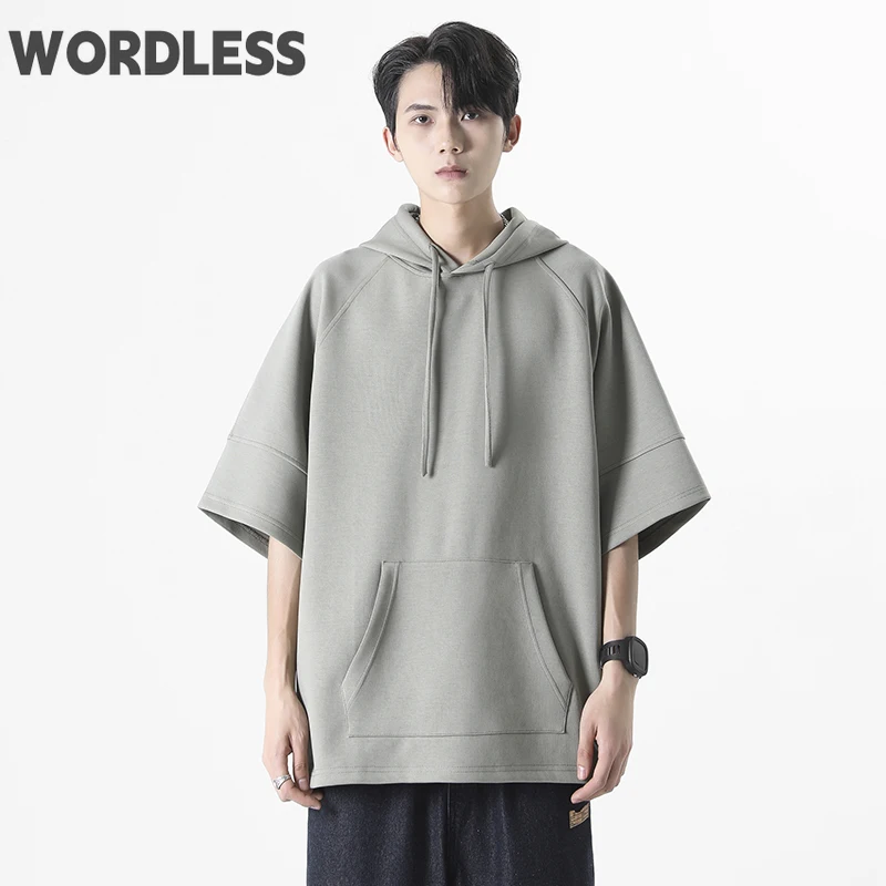

Футболка мужская однотонная с капюшоном, Повседневная Свободная кофта оверсайз в стиле Харадзюку, с коротким рукавом, лето