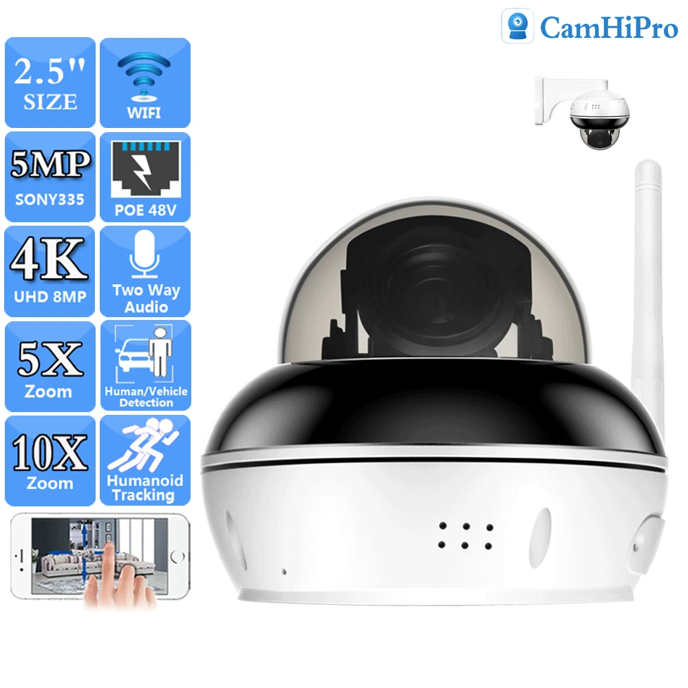 

UHD 4K 8MP Sonyimx 415 Wireless Security IP Camera Wifi PTZ Dome HD 5MP POE 48V 5X 10X Auto Zoom Human Tracking Two Way Audio